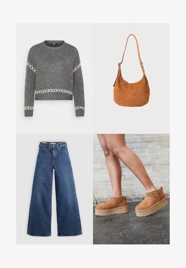 Grauer Strickpullover mit Rundhalsausschnitt, der weiße Kreuzstichakzente an den Ärmeln und dem Saum aufweist. Weicher Textur, cropped Design.; Weite blaue Jeans aus Denim mit fünf Taschen, einem Knopfverschluss und Kontrastnähten, die eine weiche und strukturierte Oberfläche aufweisen.; Braune Wildleder-Stiefeletten mit einem weichen Futter, dicker beige Plateau-Sohle und einer Zuglasche auf der Rückseite. Strukturiert Oberfläche mit sichtbaren Nähdetails.; Tasche aus hellbraunem Wildleder mit geschwungenem Design, verstellbarem Trageriemen, Metallreißverschluss und geprägtem Logodetail auf der Vorderseite.