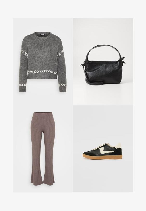 Grå strikket sweater med rund hals, prydet med hvide korsstingdetaljer på ærmer og kant. Blød tekstur, cropped design.; Brune ribbede flairbukser med en høj, strækbar talje og en blød tekstur, der har et subtilt vertikalt mønster gennem hele stoffet.; Sorte ruskinds- og lædersneakers med en cremefarvet side-swoosh og lys cremefarvet hæl. Har beige snørebånd og en gummirubber-sål.; Sort læderhåndtaske med et struktureret design, rund tophåndtag og aftagelig skulderrem. Den har en glat tekstur og en subtil glans.