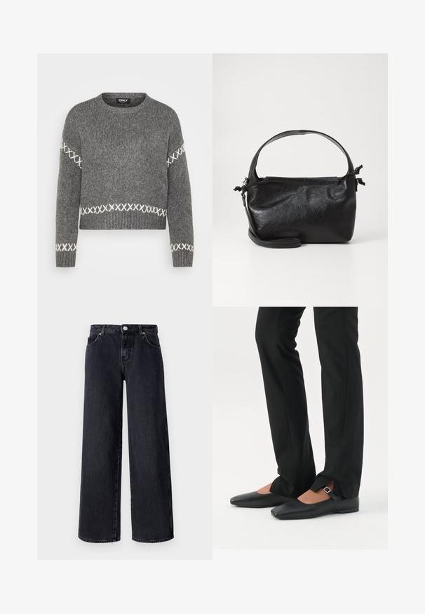 Grauer Strickpullover mit Rundhalsausschnitt, der weiße Kreuzstichakzente an den Ärmeln und dem Saum aufweist. Weicher Textur, cropped Design.; Vero Moda Petite VMREMY MR WIDE - Wide Leg - black denim; Beine in schwarzen schmalen Hosen mit vorderen Schlitzen am Saum, kombiniert mit schwarzen flachen Mary-Jane-Schuhen mit kleinem Schnallenriemen.; Schwarze Lederhandtasche mit strukturiertem Design, rundem Haltegriff und abnehmbarem Schulterriemen. Sie weist eine glatte Oberfläche und einen subtilen Glanz auf.