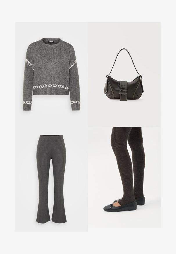 Grå strikket sweater med rund hals, prydet med hvide korsstingdetaljer på ærmer og kant. Blød tekstur, cropped design.; Grå ribbet strikkede flarebukser med høj talje. Designet har teksturerede lodrette striber og en afslappet pasform ved sømmen.; Ben iført mørke ribbede leggings kombineret med sorte balletsko med små sløjfedetaljer på hvid baggrund.; Sort læder skuldertaske med spænde på remmen, afrundede kanter og kontrasterende hvide syninger på en ensfarvet baggrund.