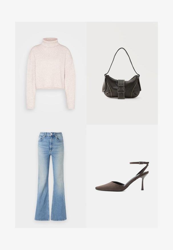 Lys rosa ribbet turtleneck sweater, cropped længde, med lange ærmer og en blød tekstur. Minimalistisk design uden synligt hardware.; Lyseblå flared jeans lavet af denim, med høj talje, fem-lommekonstruktion og en subtil gradientafblegning mod kanten.; Brun ruskindspointetrukket højhælet sko med tynd ankelrem og sølvspænde på hvid baggrund.; Sort læder skuldertaske med spænde på remmen, afrundede kanter og kontrasterende hvide syninger på en ensfarvet baggrund.