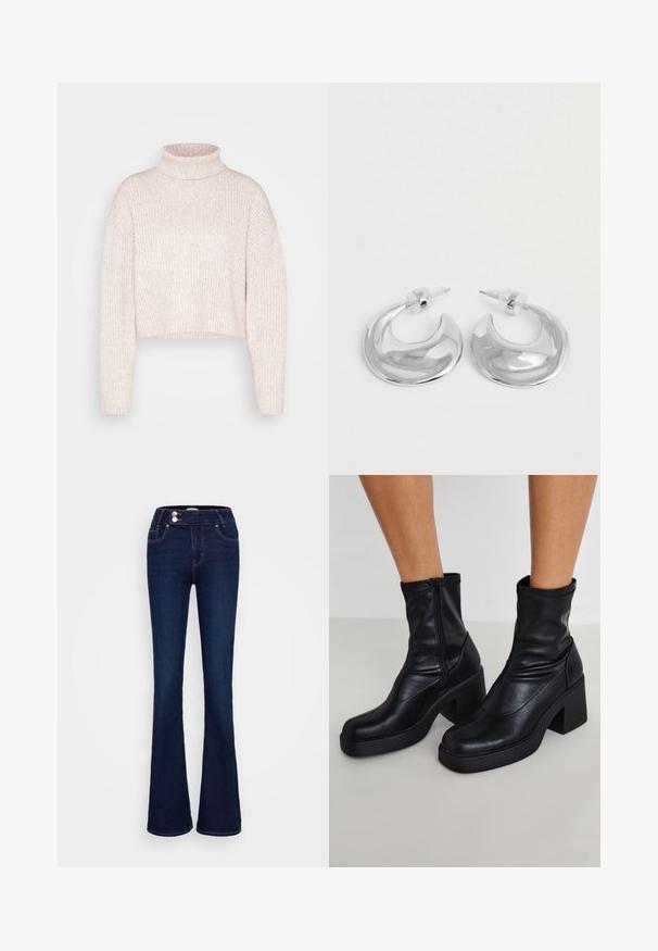 Lys rosa ribbet turtleneck sweater, cropped længde, med lange ærmer og en blød tekstur. Minimalistisk design uden synligt hardware.; Mørkeblå jeans med vidde, lavet af denim, med høj talje, to forlommer og lynlås- og knaplukning med kontrastsyning.; Sorte læder ankelstøvler med en høj blokhæl, der har en sidelukning, glat overflade og en spidse tå-design.; Et par polerede sølv halvmåneformede hoop øreringe med klare plastikbagsider på en hvid overflade.