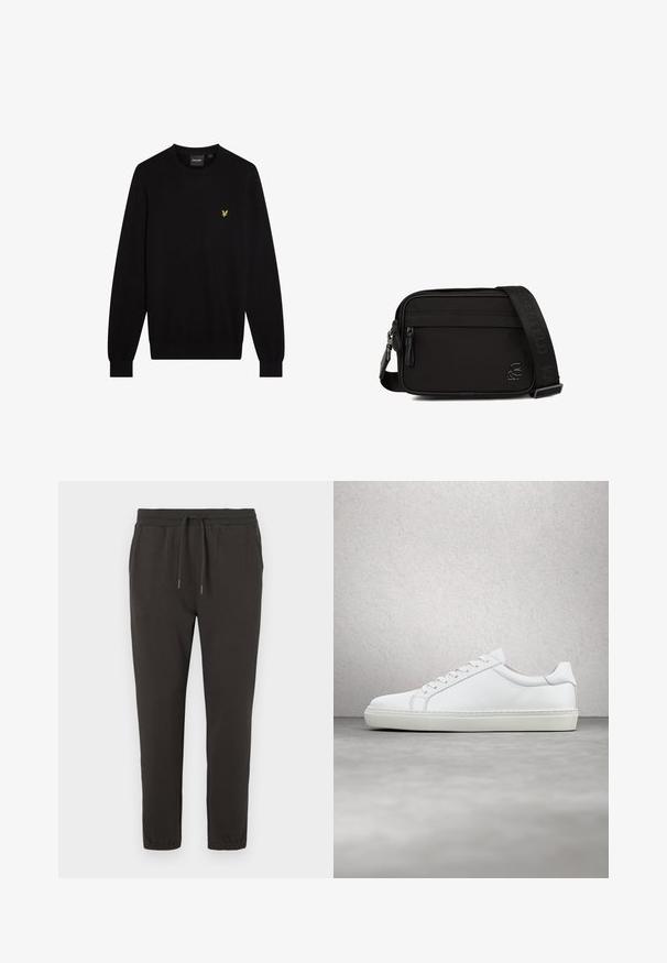 Schwarzer Pullover aus weichem Stoff mit Rundhalsausschnitt und langen Ärmeln. Kleines gelbes gesticktes Logo auf der linken Brust.; Dunkelgraue Sweatpants aus weichem Stoff, mit einem elastischen Bund und einer Kordel, schmal zulaufenden Beinen und elastischen Bündchen an den Knöcheln.; Weißer Sneaker mit glattem Lederobermaterial und niedrigem Profil. Verfügt über eine runde Zehenpartie, sechs Ösen und eine strukturierte Gummisohle.; Schwarze rechteckige Umhängetasche mit vorderer Reißverschlusstasche, verstellbarem, mit Logo versehenem Schultergurt und kleinem seitlichen Logoemblem.
