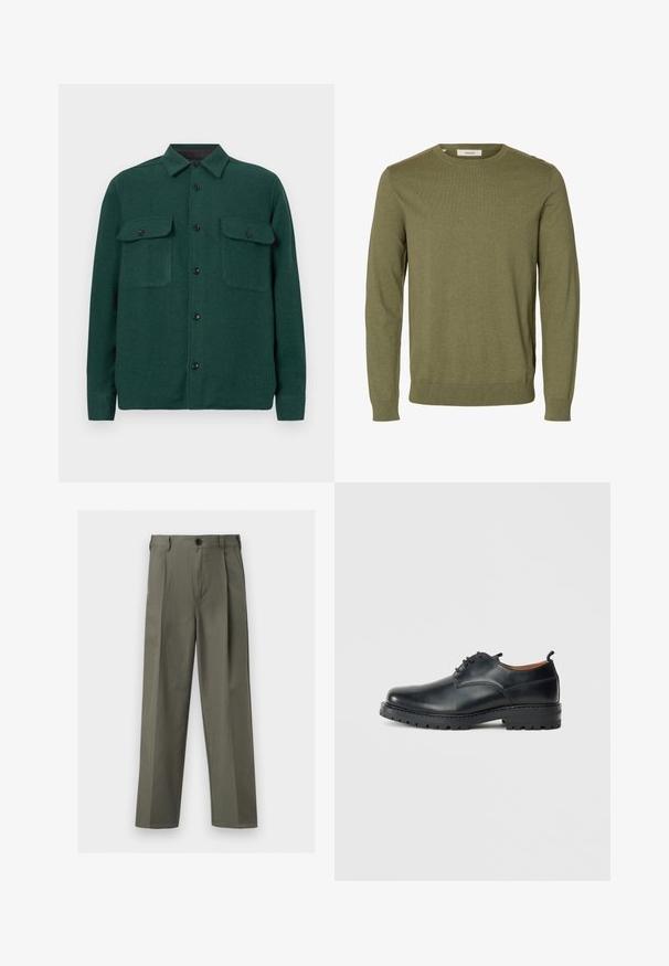 Pull vert olive à manches longues avec col rond, poignets et bas-côtes côtelés, tissu en maille unie, et une étiquette de marque « Selected » à l'intérieur du col.; Veste chemise texturée verte avec un col, deux poches avant et des boutons noirs, fabriquée à partir d'un matériau doux et tissé.; Pantalon vert olive à jambes droites avec passants de ceinture, bouton à l'avant et plis décoratifs.; Chaussures derby en cuir noir avec une texture lisse, bout rond, design à lacets et une semelle en caoutchouc épaisse et robuste.