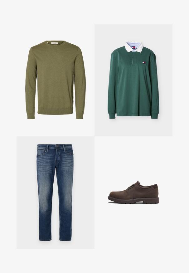 Pull vert olive à manches longues avec col rond, poignets et bas-côtes côtelés, tissu en maille unie, et une étiquette de marque « Selected » à l'intérieur du col.; Chemise de rugby verte à manches longues avec col blanc et petit patch logo Tommy Jeans sur la poitrine gauche.; Jeans en denim bleu foncé avec une coupe classique, un design à cinq poches, une décoloration subtile sur les cuisses et une coupe droite. Fermeture à bouton en métal.; Chaussures en cuir marron avec un bout arrondi et un design à lacets. Dotées d'une surface texturée et d'une semelle en caoutchouc à haute traction. Logo discret sur le côté.