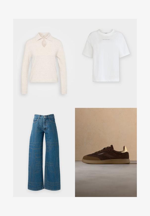 Jersey de punto en beige claro con cuello, escote en forma de llave y mangas largas; tejido texturizado, suave y con un corte holgado.; Camiseta blanca de manga corta y cuello redondo con un pequeño texto "Marc O'Polo Denim" centrado cerca del escote en la parte delantera.; Vaqueros de pierna ancha en denim azul medio con patrones de costura en contraste y múltiples diseños de bolsillos. Cintura alta con cierre de botón.; Zapatilla marrón con cordones, estampado de leopardo y detalles dorados, flotando sobre una alfombra beige en una habitación minimalista.