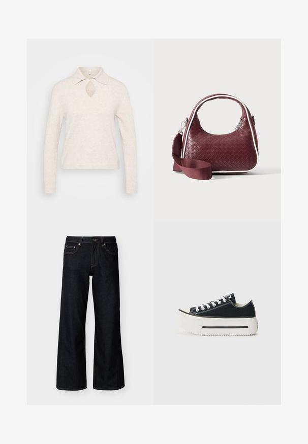 Strikket pullover i lys beige med krave, nøglehul-udskæring i halsen og lange ærmer; tekstureret, blødt stof med en afslappet pasform.; Mørkeblå jeans med brede ben, med forreste knap, lynlås og styling med fem lommer på en ensfarvet lys baggrund.; Sorte kanvas sneakers med en hvid gummisål, der har en tyk platform, hvide snørebånd og kontrasterende syninger langs sømmene.; Mørkerød vævet lædertaske med buet hank, hvid kant, sølv lynlås og aftagelig bred stofskulderrem mod en ensfarvet baggrund.