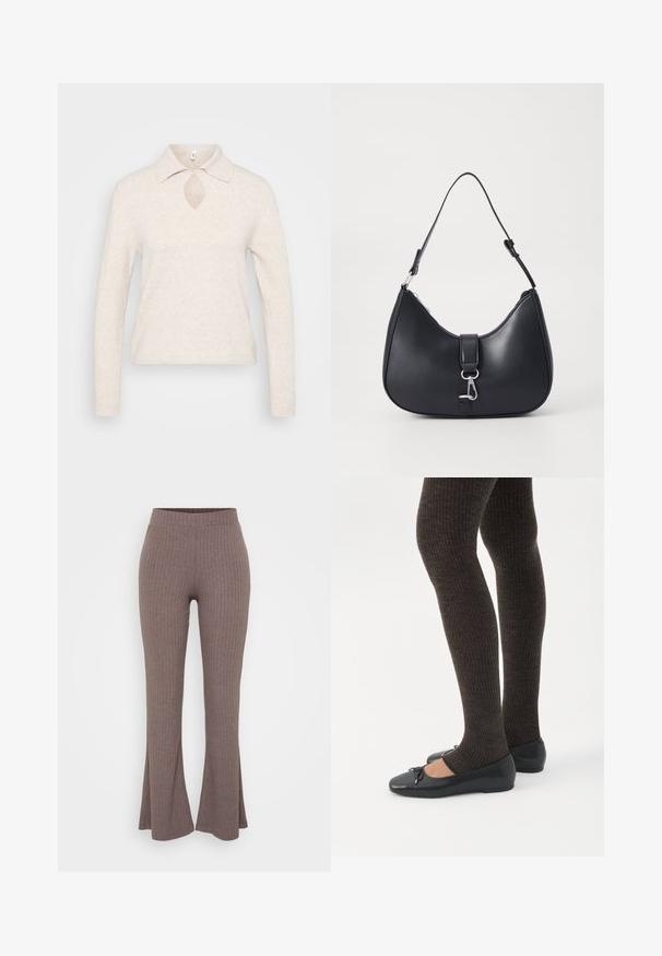 Strikket pullover i lys beige med krave, nøglehul-udskæring i halsen og lange ærmer; tekstureret, blødt stof med en afslappet pasform.; Brune ribbede flairbukser med en høj, strækbar talje og en blød tekstur, der har et subtilt vertikalt mønster gennem hele stoffet.; Ben iført mørke ribbede leggings kombineret med sorte balletsko med små sløjfedetaljer på hvid baggrund.; Pieces PCLIKA SHOULDER BAG - Håndtasker - black