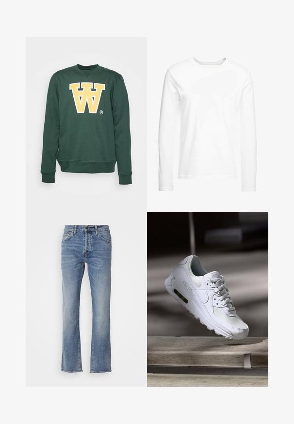 Grüner Sweatshirt aus weichem Stoff, mit einem großen gelben "W"-Logo auf der Vorderseite, Rundhalsausschnitt und gerippten Bündchen und Saum.; Langärmliges, weißes T-Shirt aus weicher Baumwolle. Rundhalsausschnitt mit geraden Saumabschlüssen und ohne sichtbare Muster oder Grafiken.; Hellblaue Denim-Jeans mit geradem Bein, fünf Taschen und einem kleinen Metallknopf am Bund. Ausfransender Saum.; Weiße Nike Air Max 90 Sneaker mit einem Obermaterial aus Mesh und Leder, durchlässigem Zehenbereich und einer sichtbaren Air-Einheit in der Ferse.