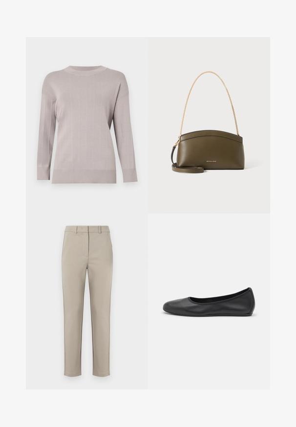 Hellgrauer Pullover mit strukturiertem Karomuster, langen Ärmeln, rundem Ausschnitt und gerippten Bündchen und Saum. Hergestellt aus weichem, dehnbarem Stoff.; MM by MaxMara EFFETTO - Stoffhose - sand; Schwarze Leder-Ballettschuhe mit abgerundeter Spitze, glatter Textur, minimalen Nähdetails und einem flexiblen Sohlen-Design.; Olivgrüne Michael Kors Handtasche mit goldener Kettenschulterriemen, gebogenem oberen Rand und kleinem goldenen Logo auf der Vorderseite, vor weißem Hintergrund.