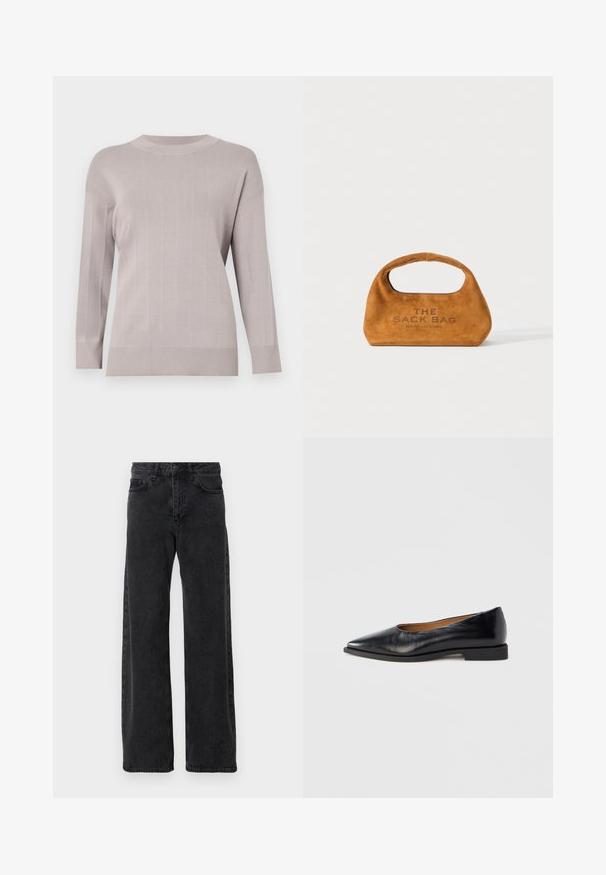 Lys grå sweater med et struktureret rutenetmønster, lange ærmer, rund halsudskæring og ribbede manchetter og kant. Fremstillet af blødt, strækbart stof.; Sorte denimjeans med bred ben-design, der har en klassisk fem-lomme stil, knaplukning og diskret falmning.; Sort læder flad sko med spids tå og lav firkantet hæl. Glat tekstur, minimalistisk design og uden synlige beslag eller mønstre.; Brun ruskind skuldertaske med integreret håndtag og "THE SACK BAG MARC JACOBS" trykt på forsiden, vist på en hvid baggrund.