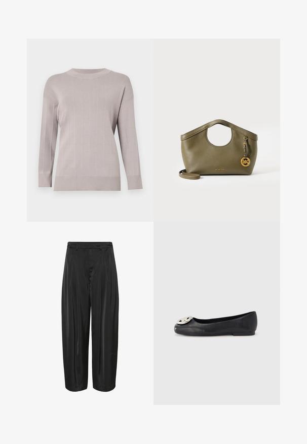 Pull gris clair avec un motif en grille texturé, manches longues, col rond et poignets et ourlet côtelés. Fabriqué en tissu doux et extensible.; Pantalons noirs à jambes larges avec plis sur le devant, passants de ceinture et ajusteurs latéraux à boutons, fabriqués en tissu brillant.; Ballerine plate en cuir noir avec bout arrondi, ornée d'un logo métallique brillant à l'avant et d'une semelle en caoutchouc plate.; Sac à main en cuir vert olive avec poignée ronde découpée, breloque logo MK dorée et bandoulière amovible sur fond blanc.