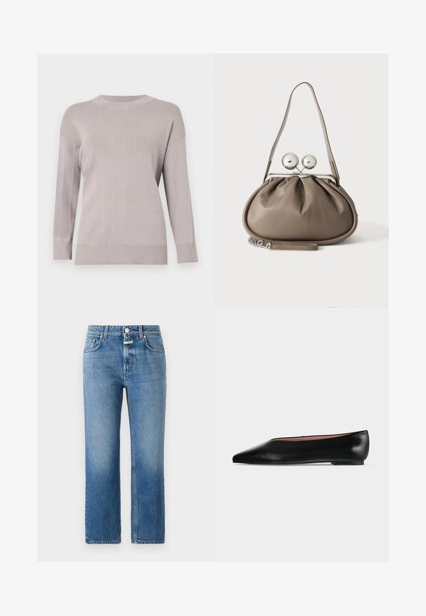 Lys grå sweater med et struktureret rutenetmønster, lange ærmer, rund halsudskæring og ribbede manchetter og kant. Fremstillet af blødt, strækbart stof.; CLOSED MILO - Jeans Straight Leg - mid blue; Sort damesko i læder med flad hæl og spids tå, vist fra siden på en ensfarvet lys grå baggrund.; Grå læderhåndtaske med rundet form, toplås med to store sølvkugler og en enkelt strop.