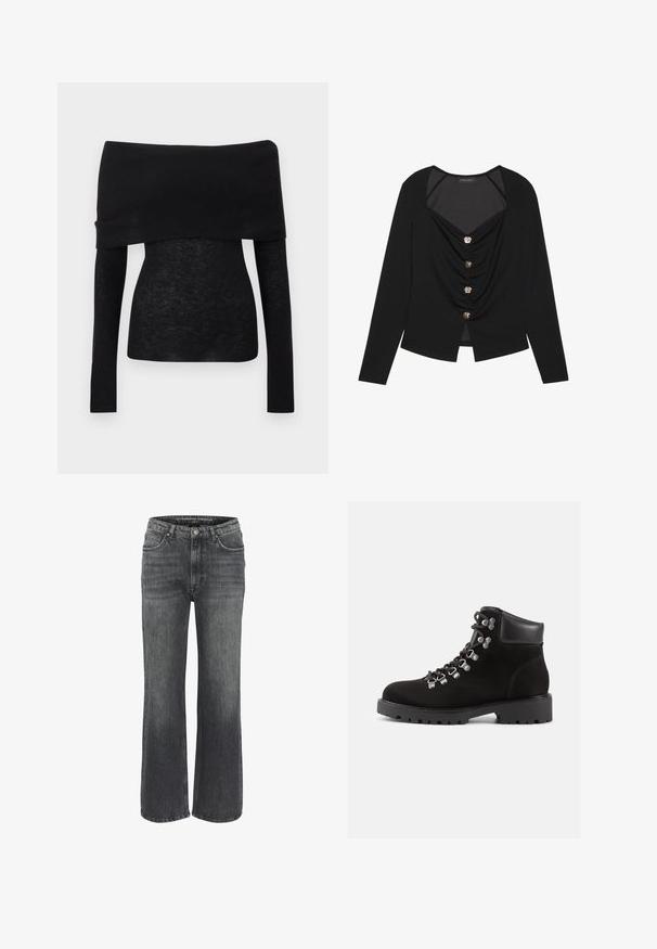 Zwarte off-shoulder top met lange mouwen. Gemaakt van een zachte, lichte gebreide stof. Gladde textuur, aansluitende pasvorm, minimale details.; Zwarte lange mouw top met een diepe V-hals, geplooide voorkant en vijf zilverkleurige knopen. Soepele stof, cropped zoom.; Wijd uitgesneden jeans in donkergrijze denim, met een klassieke vijf-pocketontwerp, gestikte details en een knoopsluiting in de taille.; Zwarte suede enkelboot met gevoerde kraag, metalen vetersluitingen, dikke rubberen zool en robuust profiel, gezien vanuit de buitenkant op een witte achtergrond.