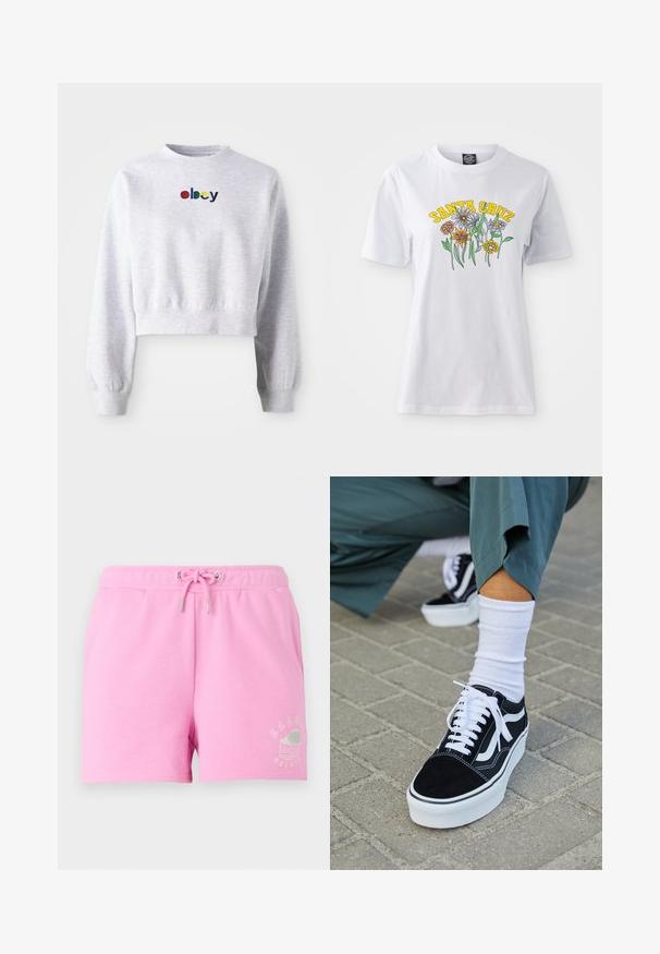 Lühendatud hall sweatshird, mis on valmistatud pehmest kangast, ümmarguse kaeluse ja pikkaeistega, millel on soonikkoes toestus. "Obey" logo on tikitud mitmevärviliselt.; Valge puuvillane T-särk, millel on värvikas lilleline muster ja kollane tekst "SANTA CRUZ", ümar kaelus, lühikesed varrukad ja mugav lõige.; Roosa puuvillane lühike püks, millel on elastne vöökoht ja nöör, ning madalal küljel on valge trükitud graafika gelato tassist.; Mustjad sametist tennisjalanõud valgete aktsentide ja nööridega, millel on paks valge tald ja kontrastsed õmblused, koos valge sokiga.