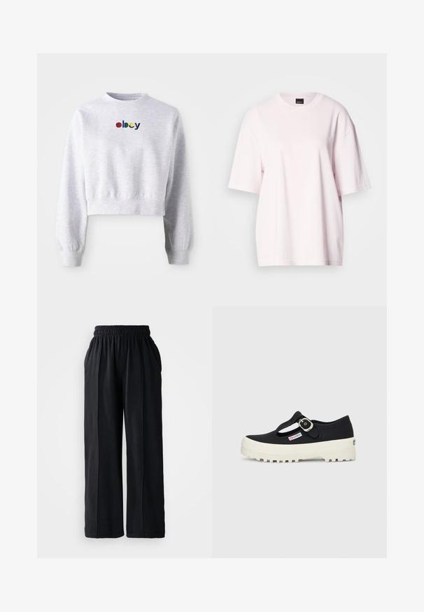 Sudadera gris corta hecha de una tela suave, con cuello redondo y mangas largas con puños acanalados. Logo "Obey" bordado en varios colores.; Camiseta de algodón rosa claro con mangas cortas, cuello redondo y un corte holgado. Textura suave con costuras mínimas y sin estampados.; Pantalones de pierna ancha negros con cinturilla elástica, fabricados en tejido suave, que presentan una textura lisa y líneas de diseño limpias.; Zapato Mary Jane de lona negra con suela gruesa blanca tipo lug, correa con hebilla plateada y una pequeña etiqueta con el logo "Superga" en el lateral.