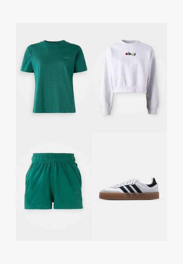 Gekürzter grauer Sweatshirt aus weichem Stoff, mit Rundhalsausschnitt und langen Ärmeln mit gerippten Bündchen. „Obey“-Logo in Mehrfarbigkeit gestickt.; Grüne Kurzarm-T-Shirt aus weichem Stoff mit Rundhalsausschnitt und dezentem Logo-Detail auf der Vorderseite.; Grüne lässige Shorts mit elastischem Bund, Seitentaschen und dezentem Logo am rechten Oberschenkel.; Weiße Leder Sneakers mit schwarzen Streifen, Gummigummi-Außensohle, runder Zehenform, Schnürverschluss und weichem grauem Wildleder-Zehenkappe.