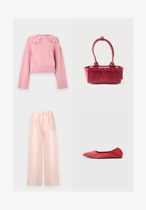 Lyserød cropped sweater lavet af blødt strikstof. Har to blomsterapplikationer på skulderen, med brede ærmer og ribbet kant.; Lys pink højtaljede wide-leg bukser med en glat, blank tekstur, med folder fortil og et matchende bælte.; Filippa K REY FLATS - Ballerinasko - bright red; Rød læderhåndtaske med to top-håndtag, dekorative sløjfer foran og en tag på siden mod en hvid baggrund.