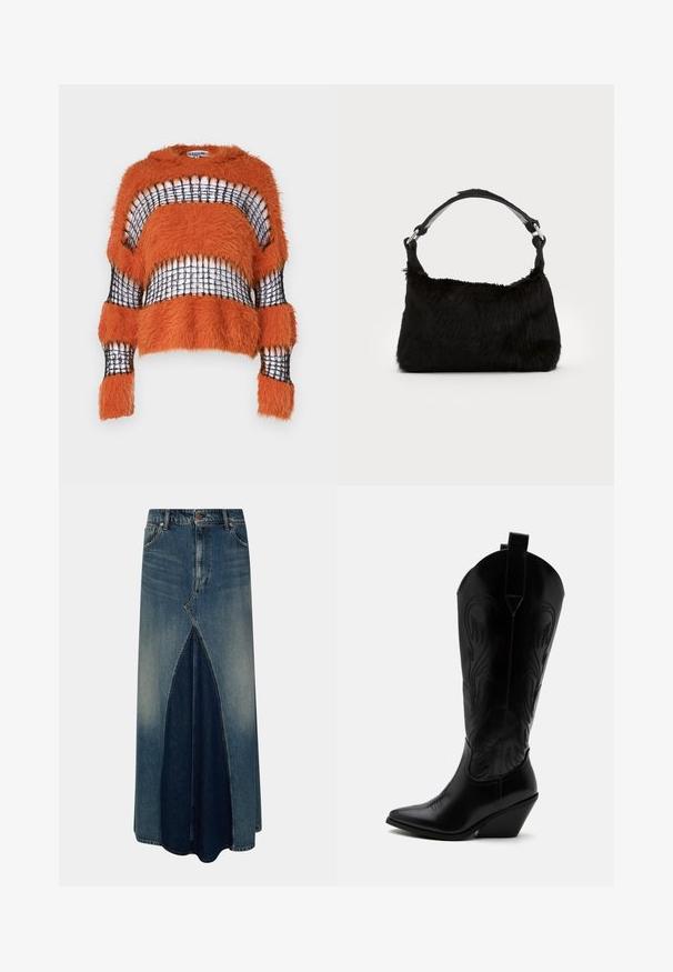 The Ragged Priest CORRUPTION HOODIE EYELASH - Džemper - orange/black; Sinine denim maxi-seelik esi inversse pleatsiga, vöökohtadega, nupuga ja tõmblukuga kinnitamine ning pleekinud pesu detailidega.; Mustast nahast kauboi saabas terava varbaosaga, kaldus kand, dekoratiivse õmblusega ning nööpidega üleval valge tausta peal.; Mustast kunstkarusnahast käekott, millel on pehme tekstuur, ümar kuju ja tugev must nahast õlarihm. Nähtavad hõbedased detailid.