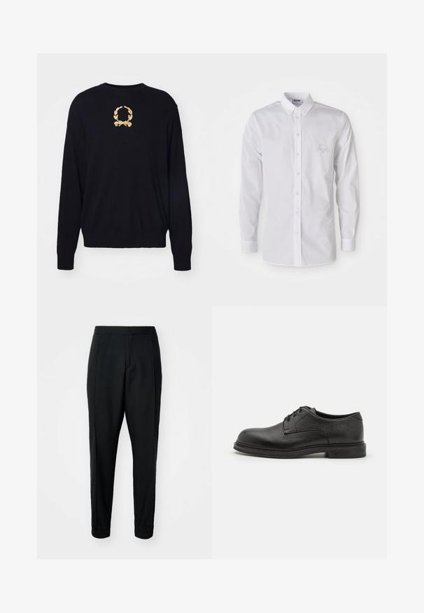 Un pull noir en tissu doux, avec un motif de laurier brodé en or sur la poitrine et des poignets et un ourlet côtelés.; Chemise blanche à manches longues, à col boutonné, avec un logo brodé discret sur la poitrine gauche.; Pantalons noirs fuselés en tissu lisse, avec taille élastique et poignets. Présente des plis à l'avant pour un aspect ajusté.; Emporio Armani LACED SHOE - Derbies - nero