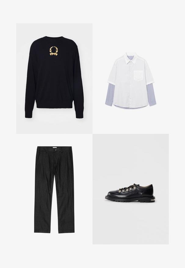 Sort sweater lavet af blødt stof, med et guld broderet laurbærkransdesign på brystet samt ribbede manchetter og kant.; Hvid kortærmet skjorte lagdelt over en blå og hvid stribet langærmet skjorte med knappede manchetter og brystlomme foran.; Herre sorte bukser med lige ben, foran med knap, lynlås og sidelommer, vist fladt på hvid baggrund.; Sorte læder lavskårne sko med tyk sål, metaløjer, dekorative sølv charms på snørebåndene, og tekstureret mønster på sålen.