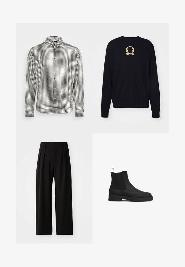 Un pull noir en tissu doux, avec un motif de laurier brodé en or sur la poitrine et des poignets et un ourlet côtelés.; Chemise à boutons en noir et blanc à carreaux avec un col, des manches longues et un ourlet droit. Fabriquée dans un tissu léger et dotée de boutons noirs.; Pantalons larges noirs avec une texture lisse, dotés de deux plis avant, d'une fermeture à bouton et de poches latérales. Tissu durable.; Botte Chelsea en cuir noir avec panneaux latéraux élastiques, bout arrondi, languette au talon et semelle épaisse sur fond blanc.