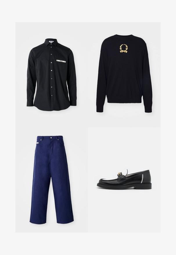 Suéter negro hecho de tela suave, con un diseño de corona de laurel bordado en dorado en el pecho y puños y bajo acanalados.; Camisa negra de manga larga con botones y cuello, con un detalle de bolsillo con banda plateada. Tela suave, ajuste clásico y cierre de botones.; Pantalones de pierna ancha en azul marino, fabricados en una tela suave. Cuentan con un cierre de botón y bolsillos frontales, con un acabado limpio y sin patrones visibles.; Mocasín de piel negra con punta redondeada, acentos en blanco y herrajes dorados en la parte superior. Presenta un parche texturizado y un tacón apilado.