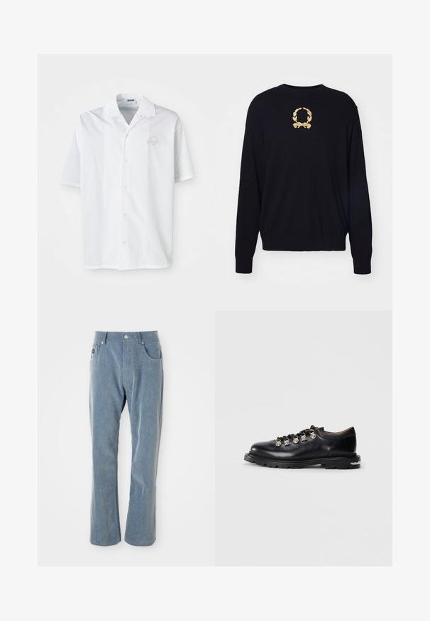Suéter negro hecho de tela suave, con un diseño de corona de laurel bordado en dorado en el pecho y puños y bajo acanalados.; Camisa blanca de manga corta hecha de algodón con cierre frontal de botones. Presenta un logo bordado sutil en el pecho. Diseño clásico de cuello.; Pantalones de pana de color azul claro con cierre de botón y cremallera, bolsillos frontales y piernas rectas sobre fondo blanco.; Zapato bajo de cuero negro con suela gruesa, ojales de metal, adornos plateados decorativos en los cordones y un dibujo texturizado en la suela.
