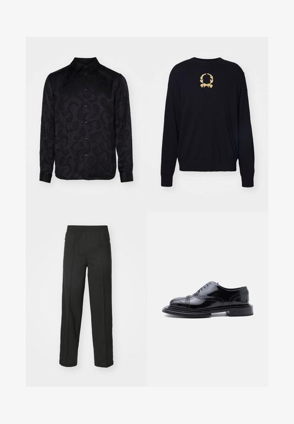 Un pull noir en tissu doux, avec un motif de laurier brodé en or sur la poitrine et des poignets et un ourlet côtelés.; Chemise noire à manches longues avec un motif paisley texturé subtil, dotée d'un col pointu et d'une fermeture à boutons sur le devant. Tissu lisse.; Pantalons noirs en tissu extensible, à coupe droite, avec poches zippées sur les côtés et texture lisse sans motifs visibles.; Chaussure habillée à brogue en cuir noir poli avec perforations style wingtip et talon empilé, présentée en profil latéral sur fond blanc.