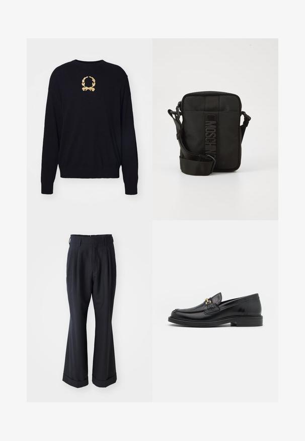 Un pull noir en tissu doux, avec un motif de laurier brodé en or sur la poitrine et des poignets et un ourlet côtelés.; Pantalons noirs ajustés avec une coupe décontractée, devant plissé et jambes larges. Caractéristiques d'un ourlet à retournement et d'une texture de tissu lisse.; Mocassins en cuir noir avec un embout rond, présentant des accents en métal doré et des détails de couture, montés sur une semelle en caoutchouc texturé et basse.; Sac bandoulière noir compact avec une sangle réglable et un logo MOSCHINO vertical au centre du panneau avant, sur fond blanc.
