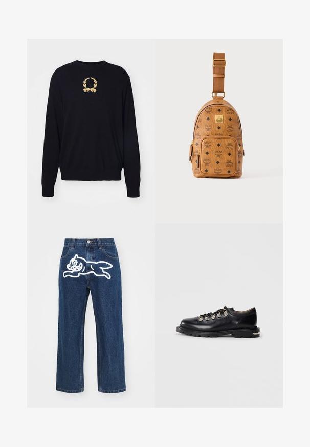 Zwarte trui van zacht materiaal, met een gouden geborduurd lauriertakontwerp op de borst en geribde manchetten en zoom.; Donkerblauwe wijde jeans met een grote witte cartoonhond graphic op de achterzak. Denimtextuur, traditionele vijf-pocket ontwerp.; Zwarte leren lage schoen met dikke zool, metalen oogjes, decoratieve zilveren charmes aan de veters en een gestructureerde loopzool.; Kleine lichtbruine leren crossbodytas met verstelbare schouderriem, voorvak met rits en herhalend zwart MCM-logo patroon.