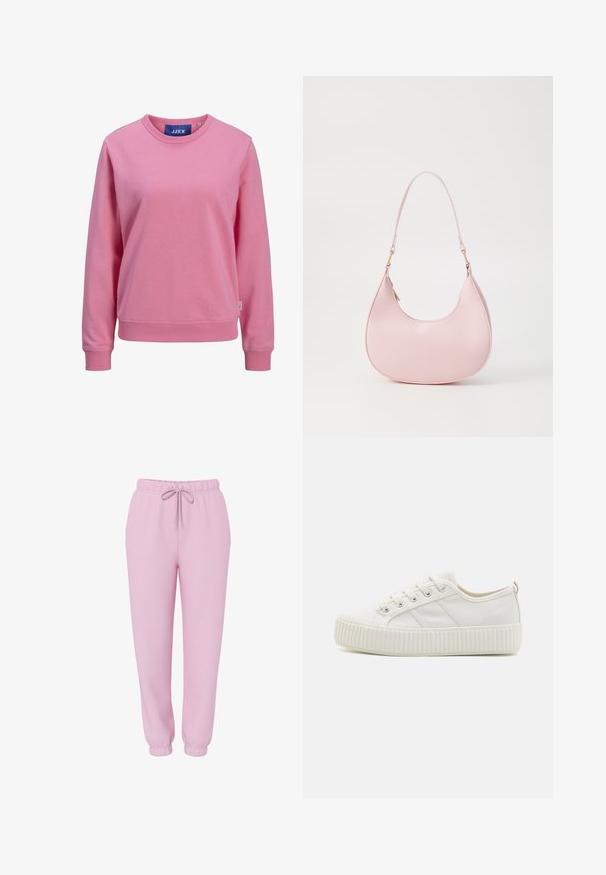 Rosa Sweatshirt aus weichem Baumwollmaterial. Verfügt über einen runden Halsausschnitt und lange Ärmel mit gerippten Bündchen und Saum. Etikett am Kragen sichtbar.; Hellrosa Jogginghose mit elastischem Bund, Kordelzug, Seitentaschen und elastischen Bündchen, abgebildet auf weißem Hintergrund.; Weiße Segeltuchturnschuhe mit einer strukturierten Gummisohle, runder Zehenpartie und Schnürdesign, das drei seitliche Streifen aufweist.; Call it Spring CELESTY - Handtasche - other pink