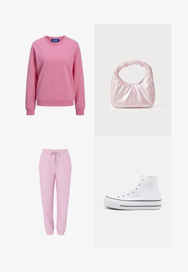 Lyserød sweatshirt lavet af blødt bomuld. Har en rund halsudskæring og lange ærmer med ribbede manchetter og kant. Mærket er synligt ved kraven.; Lyserøde joggers med elastisk linning, snørebånd, sidelommer og elastiske manchetter, vist på hvid baggrund.; Hvide høj-top sneakers lavet af kanvasmateriale, sort gummisål og kontrasterende sort stribe på mellemsålen. Rund tåhætte og snørebåndsdesign.; Rosa, polstret håndtaske med afrundet design, lavet af skinnende materiale. Har et samlet håndtag og en lynlås til sikker adgang.