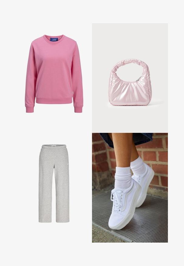 Sudadera rosa hecha de suave algodón. Cuenta con un cuello redondo y mangas largas con puños y dobladillo de canalé. Etiqueta visible en el cuello.; Pantalones deportivos de pierna recta de color gris claro con cintura elástica y un pequeño logo blanco en el muslo superior.; Zapatillas de lona blancas con suelas de goma, que presentan seis ojales, puntera redonda y detalles de costura ligera, combinadas con calcetines blancos hasta el tobillo.; Bolso de mano acolchado en color rosa con un diseño redondeado, fabricado en material brillante. Presenta un asa fruncida y un cierre de cremallera para un acceso seguro.
