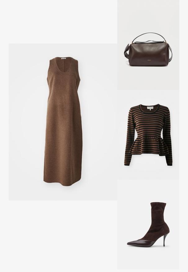 Brun og sort stribet langærmet sweater med peplum kant, lavet af blødt stof, med rund udskæring og ribbede manchetter.; Ærmeløs, knælængde brun uldkjole med rund udskæring og en lige, let tætsiddende silhuet.; Brune ruskinds ankelstøvle med spids tå og blank bordeauxlakeret tåhætte, der har en slank stilettohæl og tekstureret overdel.; Brun skuldertaske i læder med et struktureret design, der har et gyldent logo, en lynlåslukning øverst og en aftagelig rem. Glat tekstur.