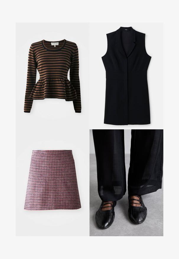 Langärmliger Pullover mit braunen und schwarzen Streifen und einem peplumförmigen Saum, aus weichem Stoff, mit rundem Halsausschnitt und gerippten Bündchen.; Schwarzes ärmelloses Blazer-Kleid mit taillierter Passform, ausgestattet mit einem Reverskragen und einem einzelnen Frontverschluss. Glattes Material und minimalistisches Design.; Rot- und marineblau-karierter Rock mit einem taillierten Bund und einem ausgestellten Saum, strukturierter Stoff und formschöne Silhouette.; MIISTA AVERIE - Riemchenballerina - black