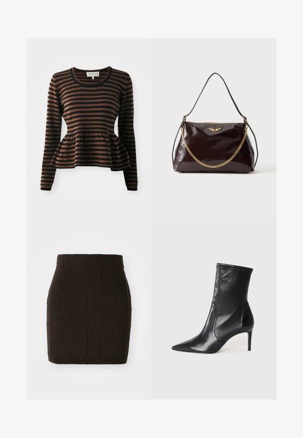 Brun og sort stribet langærmet sweater med peplum kant, lavet af blødt stof, med rund udskæring og ribbede manchetter.; Strikket mørkebrun miniskørt med et tekstureret, vævet mønster og en tætsiddende talje. Bunden er ribbet for ekstra detaljer.; Sorte ankelstøvler lavet af glat læder, med spids tå, tætsiddende skaft og en slank høj hæl. Minimalistisk design uden synligt hardware.; Mørkebrun blank læderhåndtaske med et gyldent vingeemblem, gyldent kædedetalje og en tynd læder skulderrem på en ensfarvet baggrund.