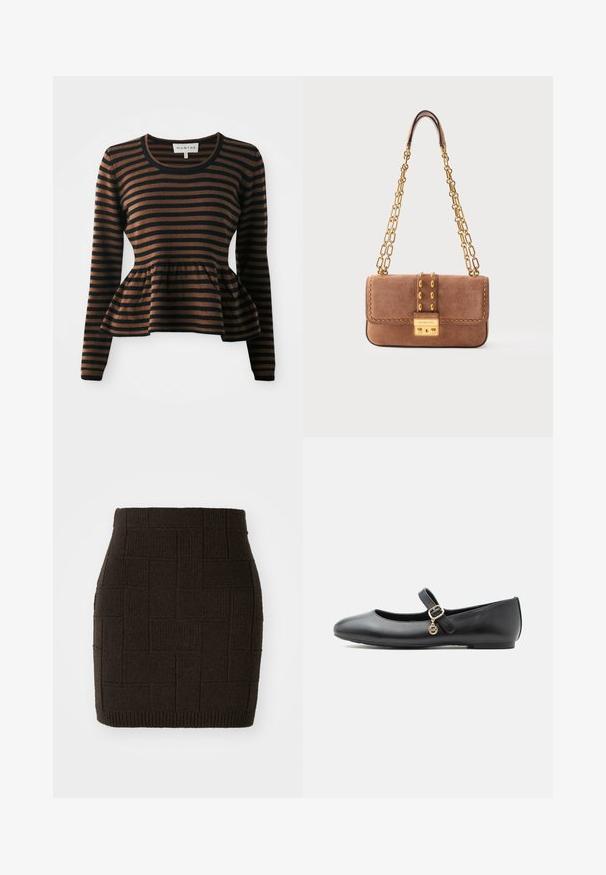 Suéter de manga larga a rayas marrón y negro con dobladillo de peplum, hecho de una tela suave, con cuello redondo y puños acanalados.; Falda mini de punto marrón oscuro con un patrón texturizado y tejido, y una cintura ajustada. El dobladillo está acanalado para añadir un detalle adicional.; Zapato plano Mary Jane de cuero negro con una pequeña hebilla dorada y un charm circular sobre fondo blanco.; Bolso de hombro de ante marrón con cadena dorada como correa, tachuelas doradas, detalles de costura y cierre rectangular dorado con el nombre de la marca grabado.