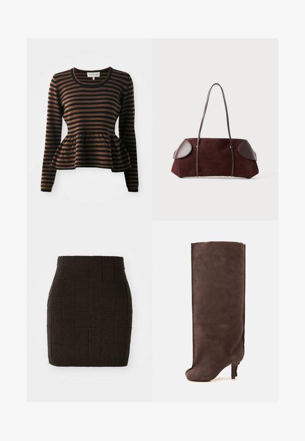 Brun og sort stribet langærmet sweater med peplum kant, lavet af blødt stof, med rund udskæring og ribbede manchetter.; Strikket mørkebrun miniskørt med et tekstureret, vævet mønster og en tætsiddende talje. Bunden er ribbet for ekstra detaljer.; Brun ruskind knæstøvle med høj hæl med rund tå og slank hæl på en ensartet lys baggrund.; Brun ruskinds taske med læderdetaljer, struktureret form, dobbelte skulderstropper og afrundede kanter, som har en glat tekstur og minimal hardware.