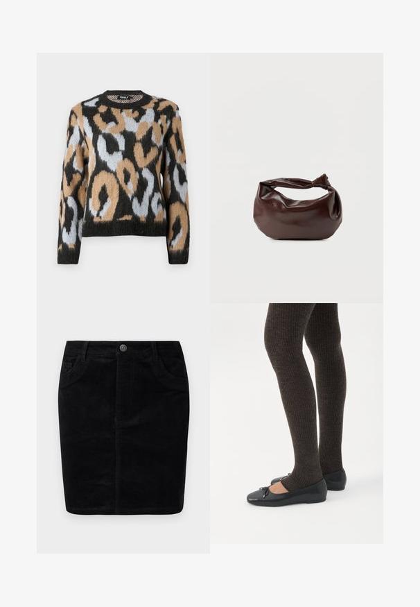 Pull en imprimé léopard avec un col rond, des manches longues, et un mélange de couleurs noir, marron et bleu clair, en tissu tricoté texturé.; Jupe en velours côtelé noir avec une coupe droite, fermeture à boutons, poches avant, texture ribbée et finition mate.; Jambes portant des leggings côtelés foncés associés à des ballerines noires avec de petits détails en nœud sur fond blanc.; Sac bandoulière en cuir marron foncé avec une forme souple et décontractée et une anse nouée torsadée sur un fond blanc uni.