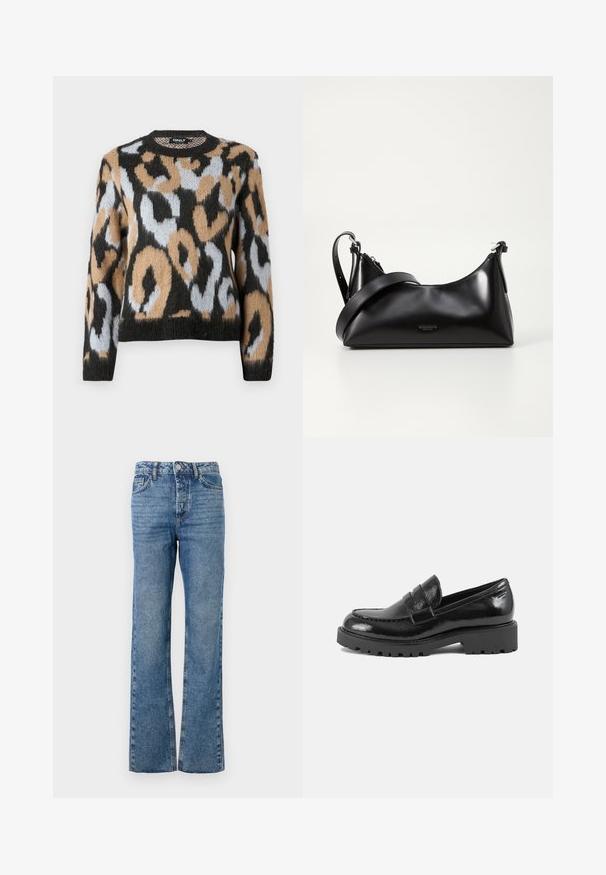 Leopardprint trui met een ronde halslijn, lange mouwen en een mix van zwart, bruin en lichtblauwe kleuren, gemaakt van gestructureerde breiware.; Bleke blauwe spijkerbroek van denim. Bevat vijf zakken, een knoop- en ritssluiting, met een vervaagd patroon op de benen en een rechte pasvorm.; Zwarte laarsjes van patentaal leer met een gestructureerde neus, een decoratieve band over de wreef en een dikke, robuuste zool. Gladde, glanzende afwerking.; Zwarte leren handtas met een gladde textuur. Beschikt over een verstelbare schouderband en een strak, minimalistisch ontwerp met een ritssluiting.