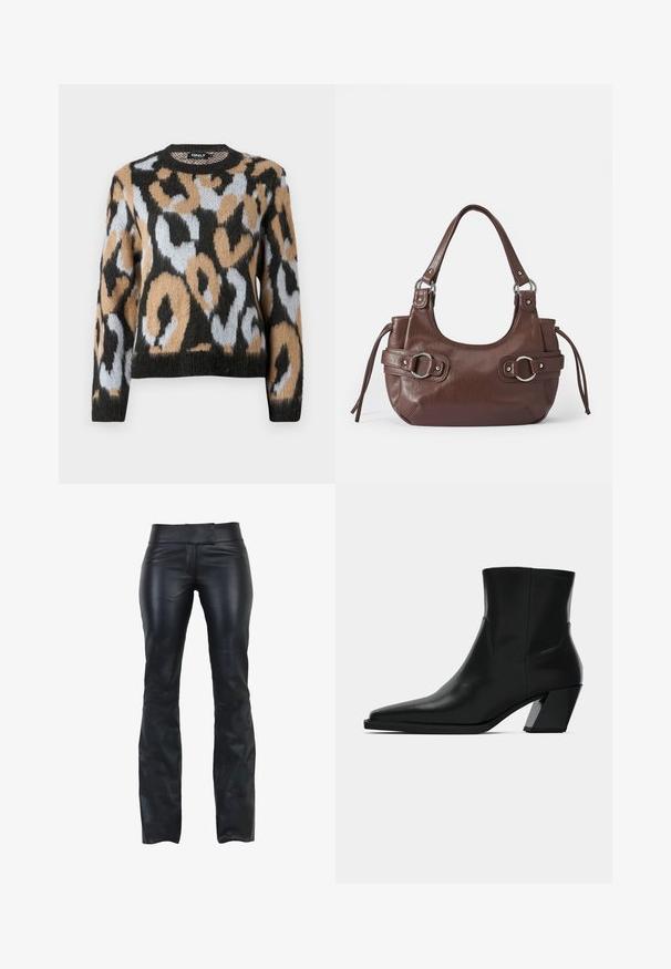Sweater med leopardmønster, rund halsudskæring, lange ærmer og en blanding af sorte, brune og lyseblå farver med struktureret strikstof.; Sorte læderbukser med slim fit, flad talje og udskæring i bunden. Glat tekstur og minimalistisk design uden synligt hardware.; Sortlæder ankelstøvle med spids tå, en slank silhuet og en kraftig firkantet hæl. Glat tekstur med minimale stikninger.; Brun læderhåndtaske med rund form, sølvhardware, to sideskuldre og en glat tekstur. Har en enkelt toppen håndtag.