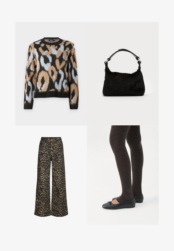 Leopardprint trui met een ronde halslijn, lange mouwen en een mix van zwart, bruin en lichtblauwe kleuren, gemaakt van gestructureerde breiware.; Broek met wijde pijpen en een all-over bruin-zwarte luipaardprint, met knopen en ritssluiting aan de voorkant.; Benen met donkere geribbelde leggings gecombineerd met zwarte ballerina's met kleine strikdetails op een witte achtergrond.; Zwarte neplederen handtas met een zachte textuur, ronde vorm en een stevige zwartleren schouderband. Zilveren hardwareaccenten zichtbaar.