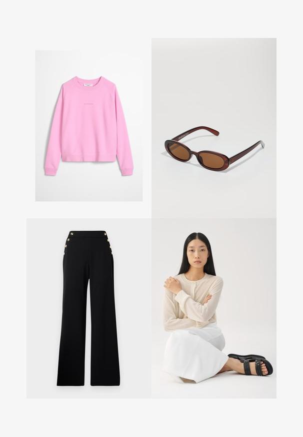 Sweat-shirt col rond rose clair avec manches longues et logo subtilement brodé au centre de la poitrine.; Pantalons noirs taille haute à jambe large avec des boutons en or sur le devant et des poches sur les deux hanches sur un fond blanc.; Haut beige clair à manches longues, boutonné, associé à une jupe blanche ; le mannequin porte des sandales noires à brides, assis avec les bras croisés.; Lunettes de soleil rondes teinte brun avec une monture bordeaux brillante. Branches fines avec un détail de marque subtil. Design de verres plats.