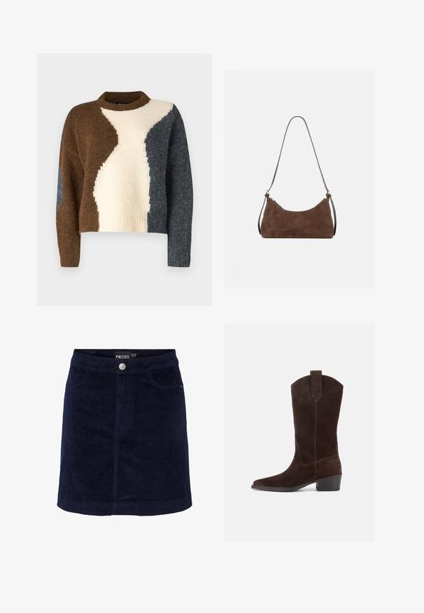 Farvesplittet sweater med brune, cremefarvede og mørkegrå nuancer. Lavet af blødt stof med en ribbet halsudskæring og cropped design.; Marineblå fløjl mini nederdel med en let A-form, der har knaplukning foran og to forlommer. Glat tekstur med synlige ribber.; Mørkebrun ruskind midt på læggen western-støvle med spids tå, blokhæl og trækflig på hvid baggrund.; Brun ruskind skuldertaske med en buet lynlås øverst og en tynd justerbar rem, vist mod en ensfarvet lys baggrund.