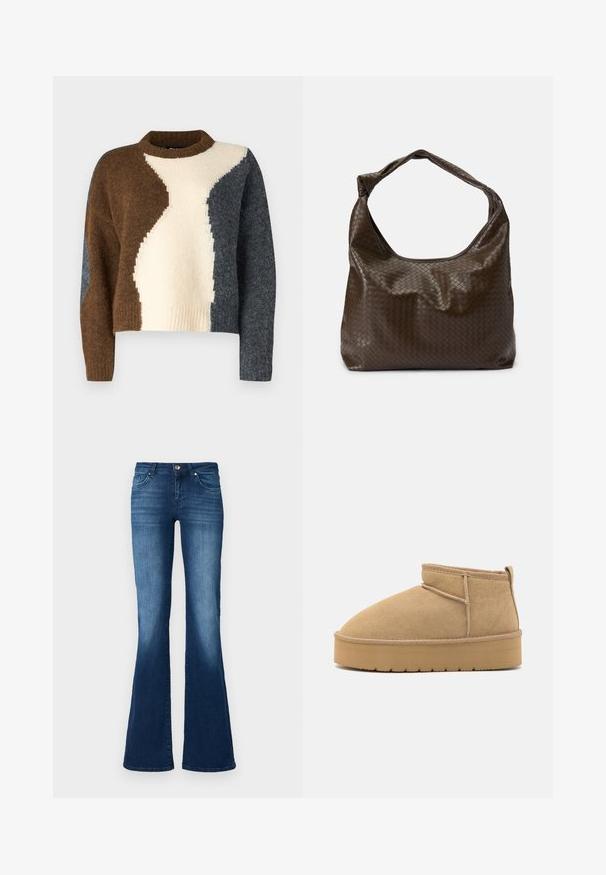 Kleurblok trui met bruin, crème en donkergrijs. Gemaakt van zachte stof met een geribbelde halslijn en een cropped ontwerp.; ONLY Tall Flared fit ONLTIGER Low waist Wide Leg - Flared Jeans - dark blue denim; Beige suède enkellaarzen met een ronde neus, minimale stiksels en een lichtbruine rubberen zool met een getextureerd patroon.; Bruine gevlochten leren tas met een nonchalante vorm, een enkele handgreep en een textuur oppervlak. Heeft een zachte, glanzende afwerking en afgeronde randen.