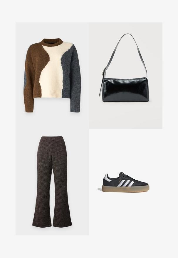 Suéter con bloques de color que presenta tonos marrón, crema y gris oscuro. Hecho de una tela suave con un cuello acanalado y un diseño corto.; Pantalones negros acampanados hechos de un tejido texturizado con un diseño de punto, que cuentan con una cintura alta y piernas anchas.; Zapatilla deportiva de cuero negro con tres rayas plateadas, punta texturizada y suela de goma. Cuenta con un collar acolchado y un diseño con cordones.; Bolso de hombro rectangular negro con una correa ajustable y un cierre de cremallera superior sobre un fondo liso.
