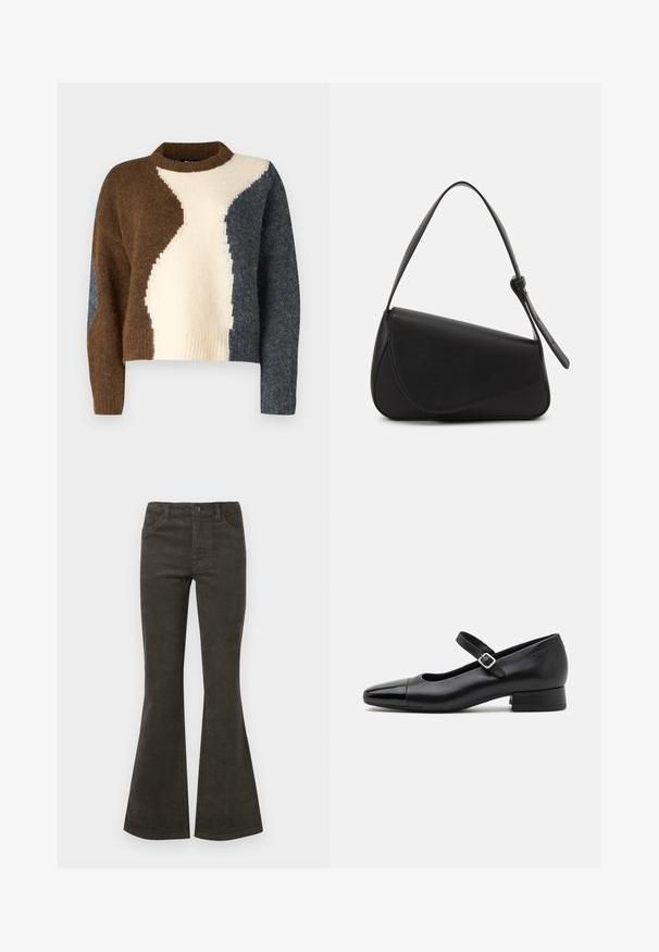 Pull coloré avec des nuances de marron, crème et gris foncé. Fait en tissu doux avec un col côtelé et un design court.; Pantalons en velours côtelé évasés de couleur vert olive foncé, dotés d'une fermeture à bouton et zip, de cinq poches et d'une texture nervurée subtile.; Chaussures Mary Jane en cuir noir avec un embout en vernis, une sangle cheville réglable et un petit talon carré. Texture lisse et design élégant.; Sac à main en cuir noir de forme triangulaire, avec un rabat incliné et une poignée supérieure arrondie. Il présente une texture lisse et des détails de design minimalistes.