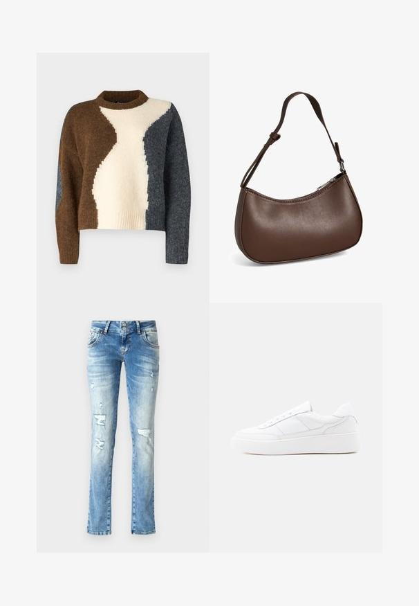 Farvesplittet sweater med brune, cremefarvede og mørkegrå nuancer. Lavet af blødt stof med en ribbet halsudskæring og cropped design.; Lyseblå denimjeans med afslappet pasform, med slidte detaljer, en knaplukning med to knapper og lige ben.; Hvid lavtop-sneaker med tyk sål, snørelukning og diskrete syningsdetaljer på en ensfarvet lys baggrund.; Lille brun skuldertaske i læder med justerbar rem og lynlåslukning, vist mod hvid baggrund. Ingen synligt branding eller dekorationer.