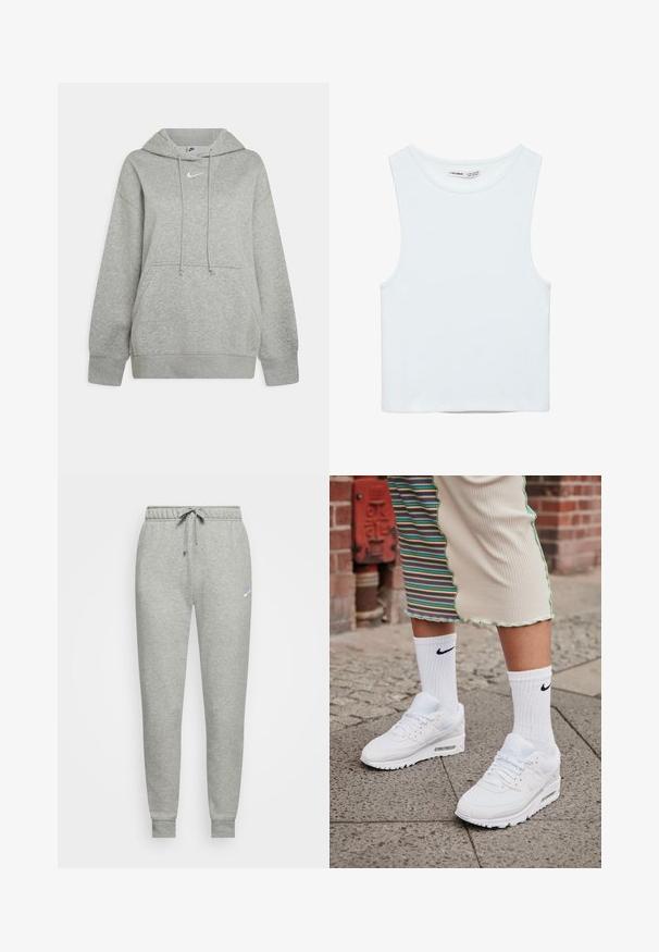 Grå hættebluse lavet af blødt stof, med en frontlomme, justerbare snore og et lille hvidt logo på brystet.; Hvid ærmeløs crop top med rund halsudskæring, lavet af glat stof, mærket Pull&Bear, egnet til afslappet brug.; Grå sweatpants lavet af blødt stof, med elastisk talje og snørebånd, ribbede manchetter og et lille logo på venstre lår.; Hvide Nike Air Max 90 sneakers med mesh og læderoverdel, der har en synlig luftenhed, parret med hvide ribbede sokker med sort logo.